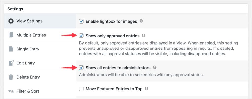 A checkbox in the View settings labeled "Show only approved entries"