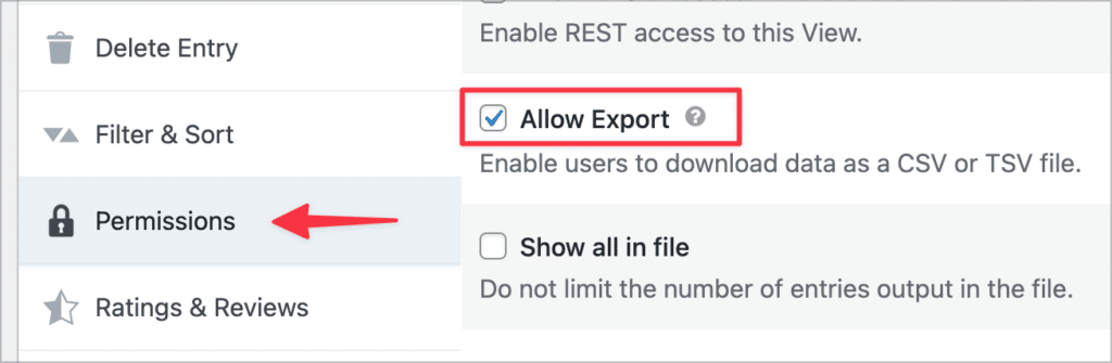 The Permissions settings in GravityView, with a checkbox labeled "Allow Export"