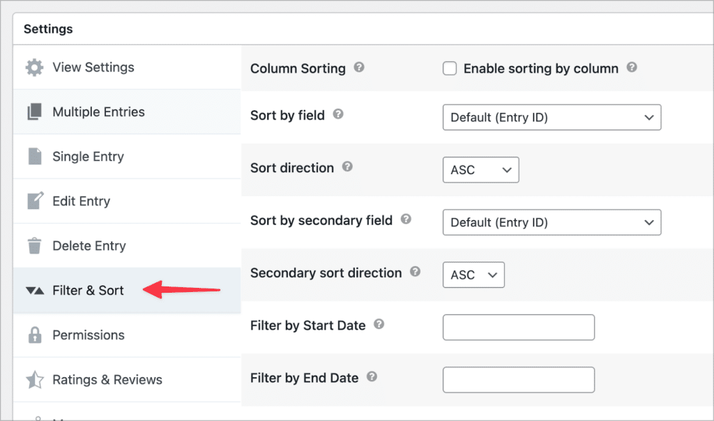 The Filter & Sort settings in GravityView