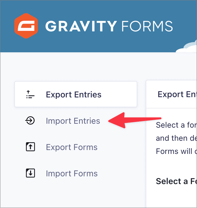 An arrow pointing to the 'Import Entries' tab in Gravity Forms