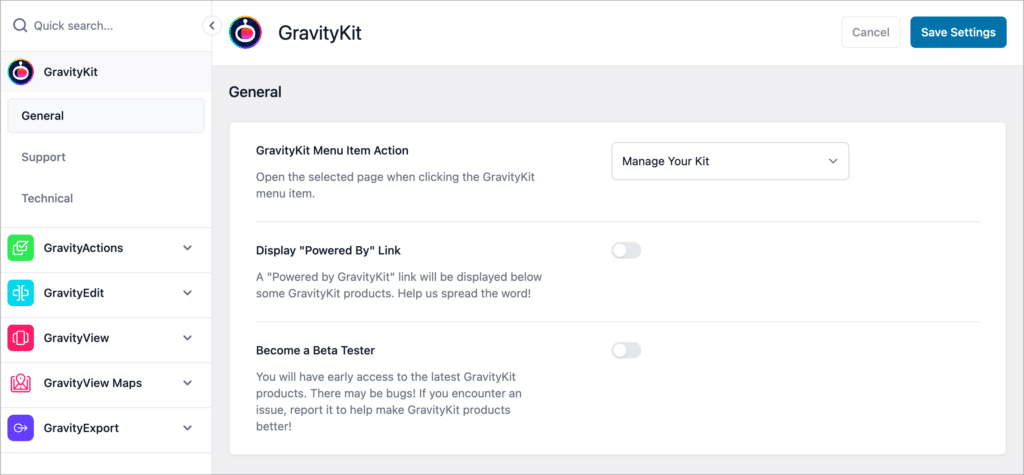 The new 'Settings' screen for GravityKit products, in WordPress
