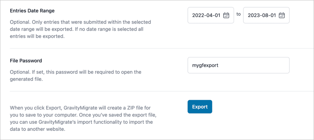 GravityMigrate export settings, allowing you to set a date range and set a file password